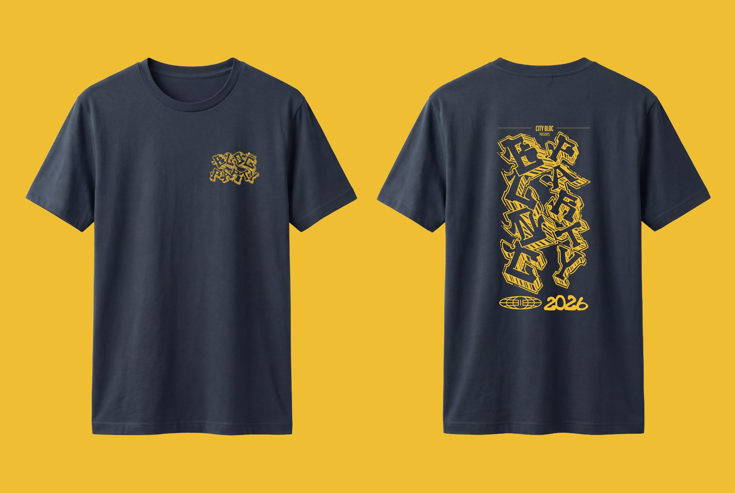 Navy Bloc Party tee with yellow print, front and back