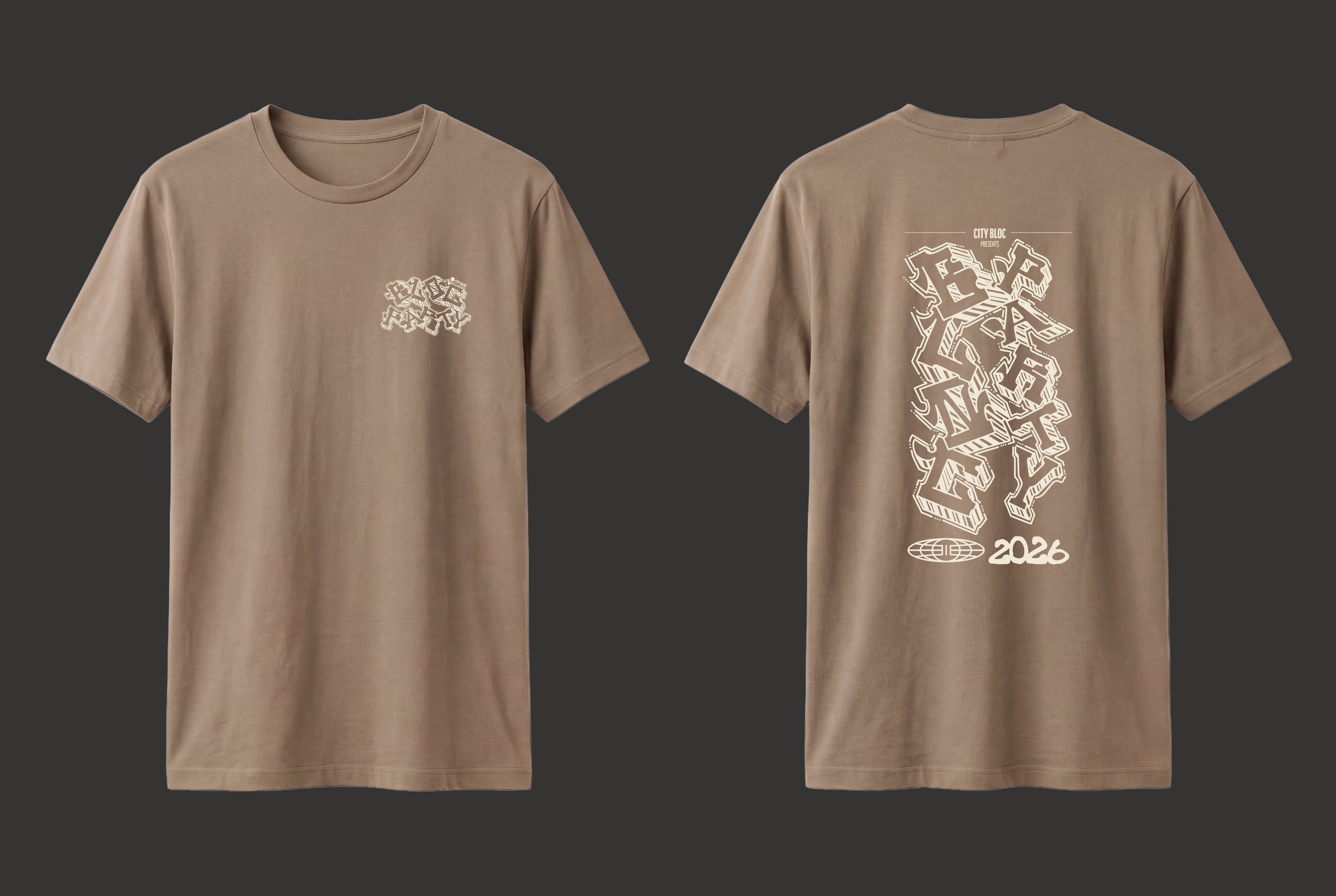 Sand Bloc Party tee with cream print, front and back