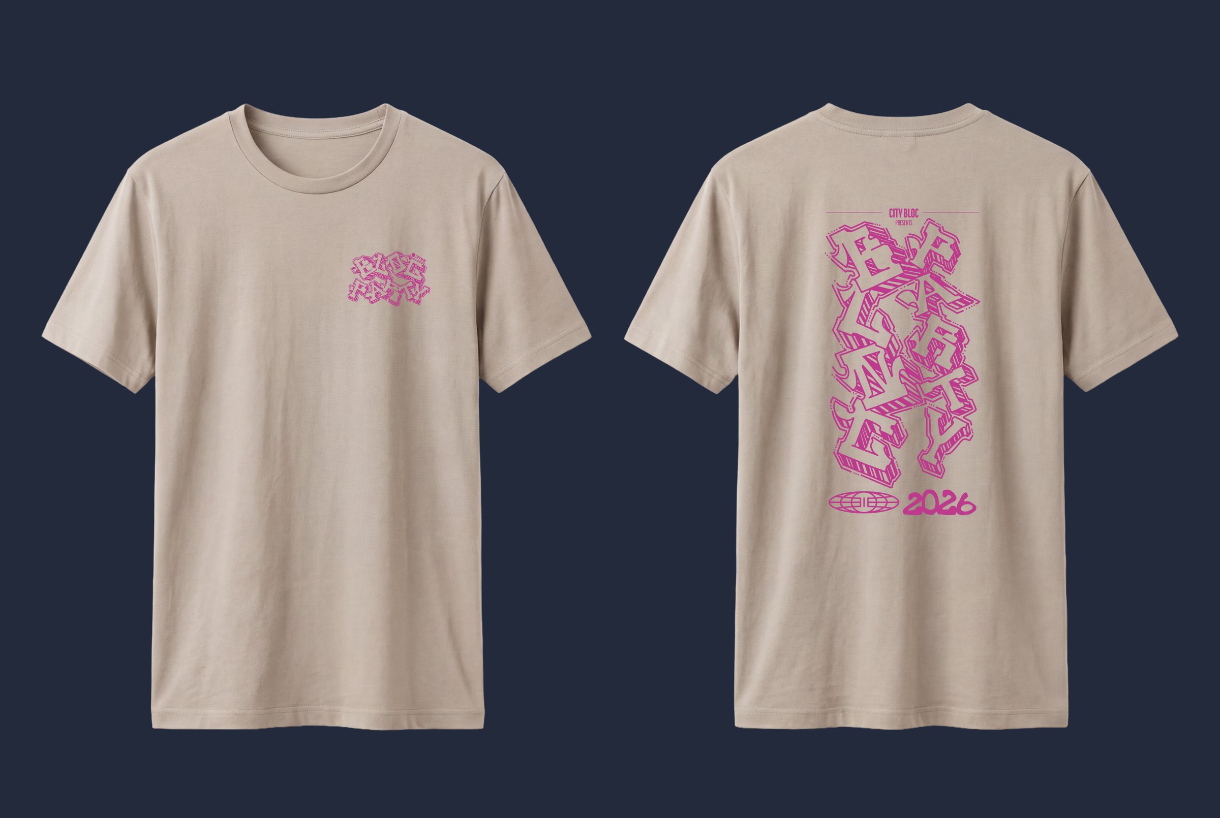 Stone Bloc Party tee with pink print, front and back